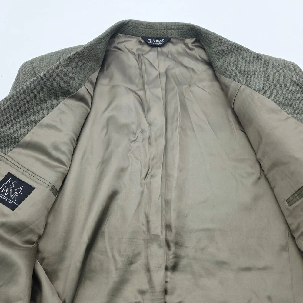 Jos. A. Bank Mens 48R Sport Coat Blazer Olive Green/Blue Micro Check 100% Wool